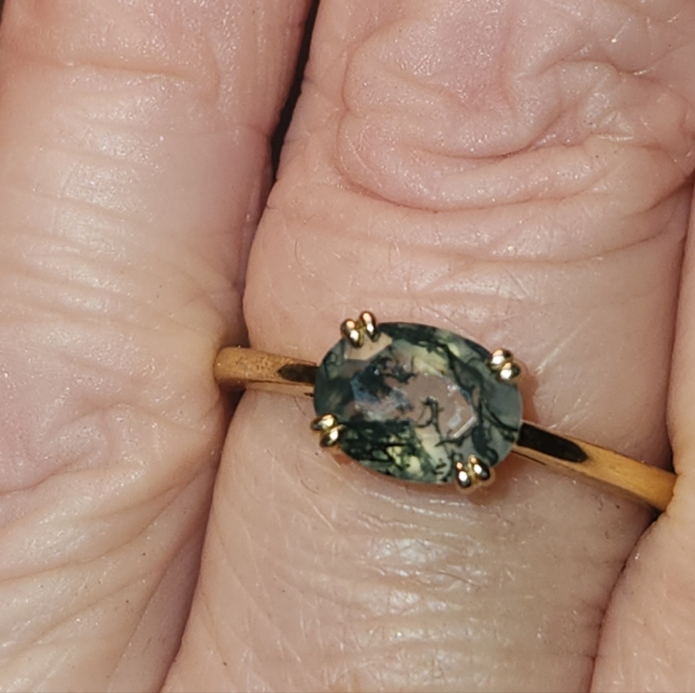 Yellow Gold Plated Moss Agate Ring Size 7.75 Worn Once